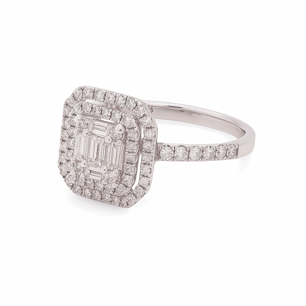 14K White Gold Square Double Halo Baguette Diamond Engagement Ring 0.93 ct tw – view 2
