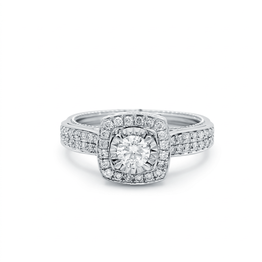 14K White Gold Square Halo Diamond Engagement Ring 0.93 ct tw