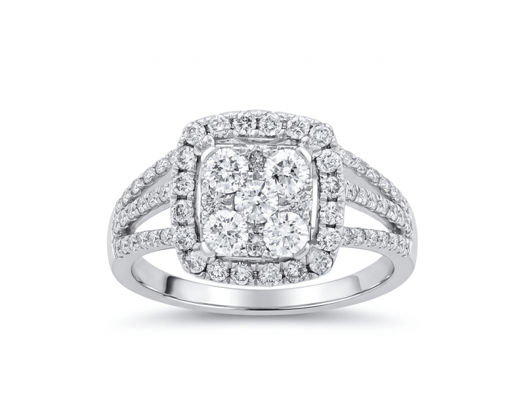 14K White Gold Square Diamond Engagement Ring with 1.69Tw Round Diamond - Miral Jewelry