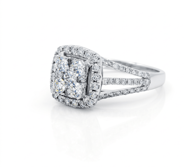 14K White Gold Square Diamond Engagement Ring with 1.69Tw Round Diamond - Miral Jewelry