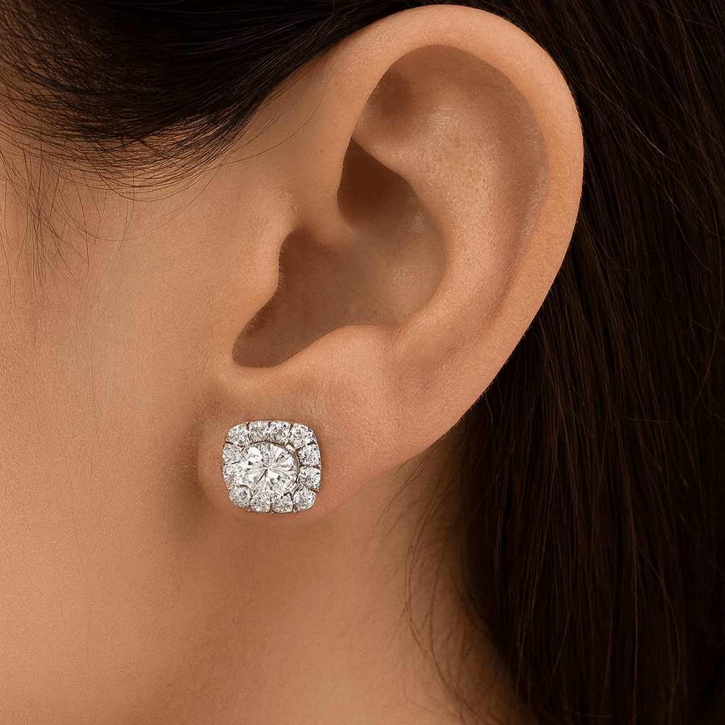 14K White Gold Cushion Halo Lab-Grown Diamond Studs 2.40 ct tw – view 2