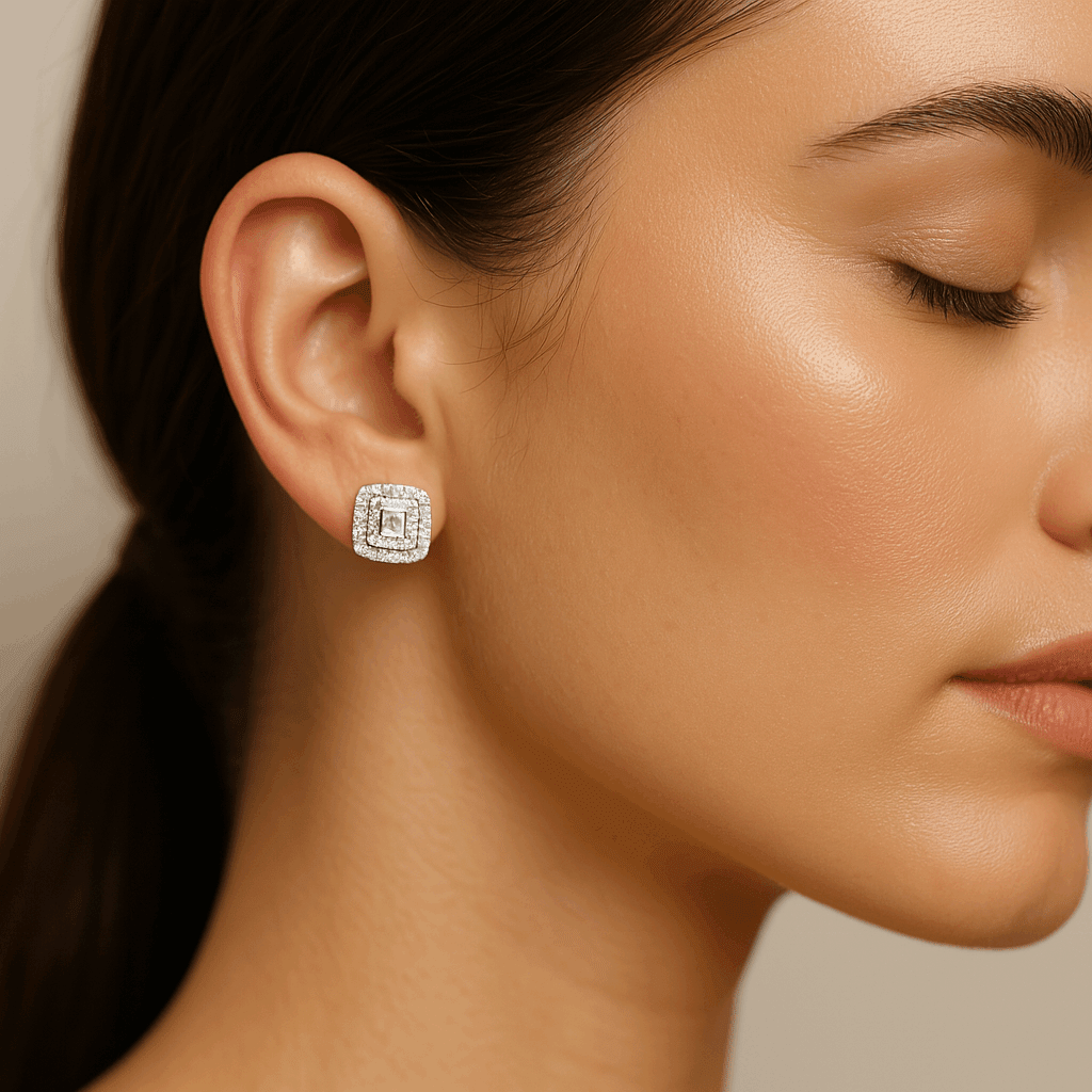 14K White Gold Square Stud Diamond Earrings with 0.68Tw Baguette Diamonds and 0.32TwRound Diamonds - Miral Jewelry