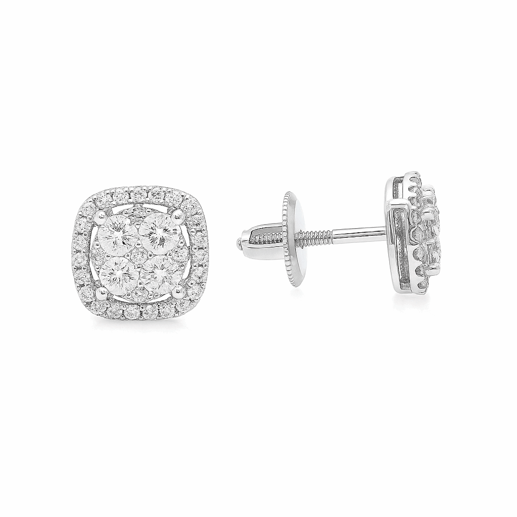 14K White Gold Square Stud Diamond Earrings with 1.10Tw Round Diamonds - Miral Jewelry