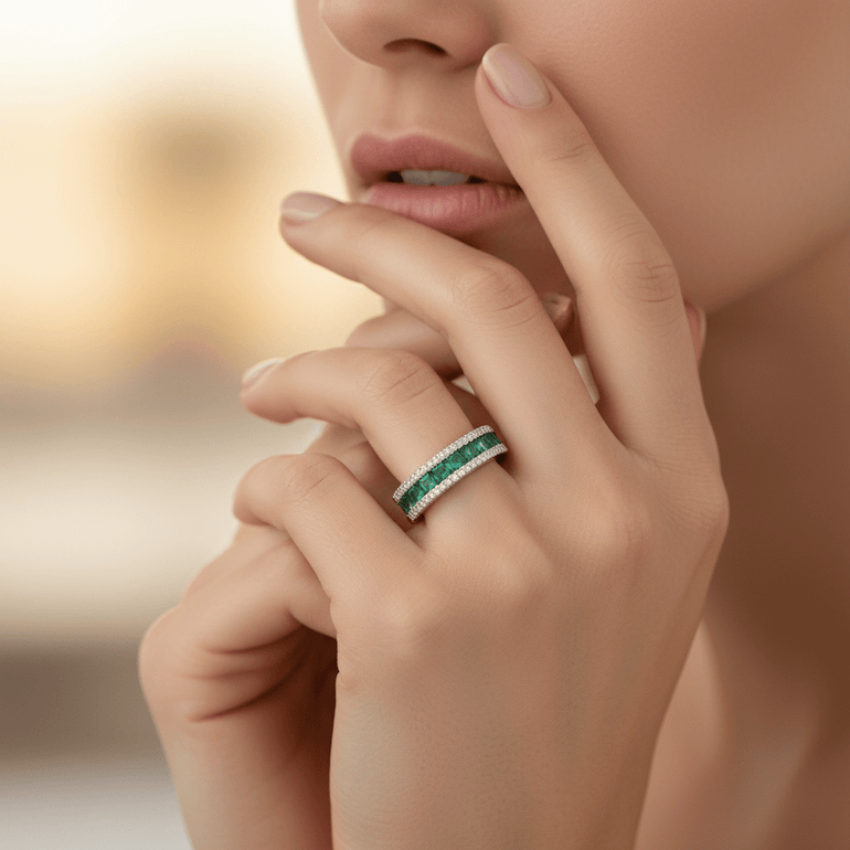 14K Women's Fashion Band with 0.20Tw Round Diamonds and 0.75 Square Cushion Emerald - Miral Jewelry