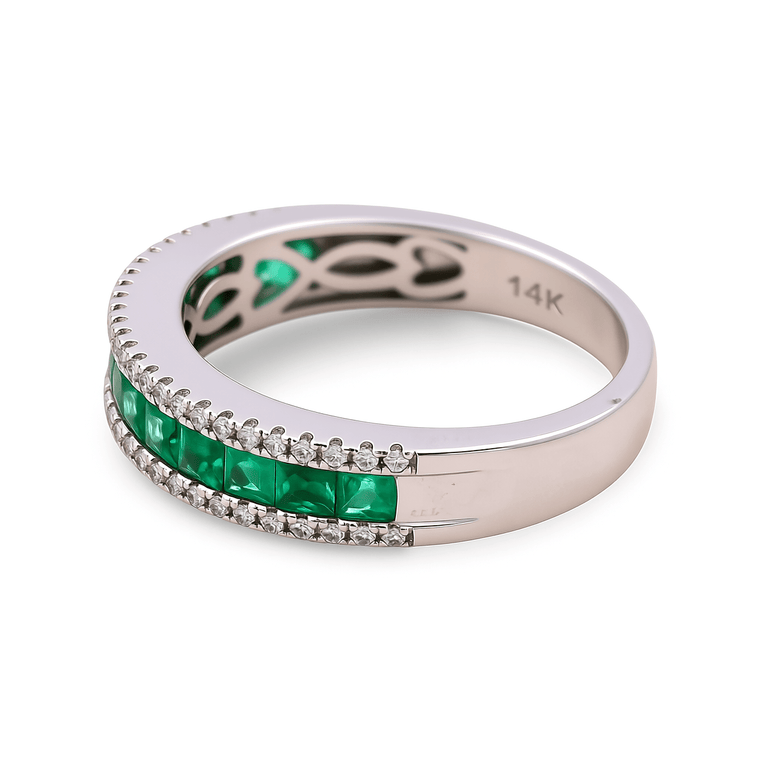 14K Women's Fashion Band with 0.20Tw Round Diamonds and 0.75 Square Cushion Emerald - Miral Jewelry