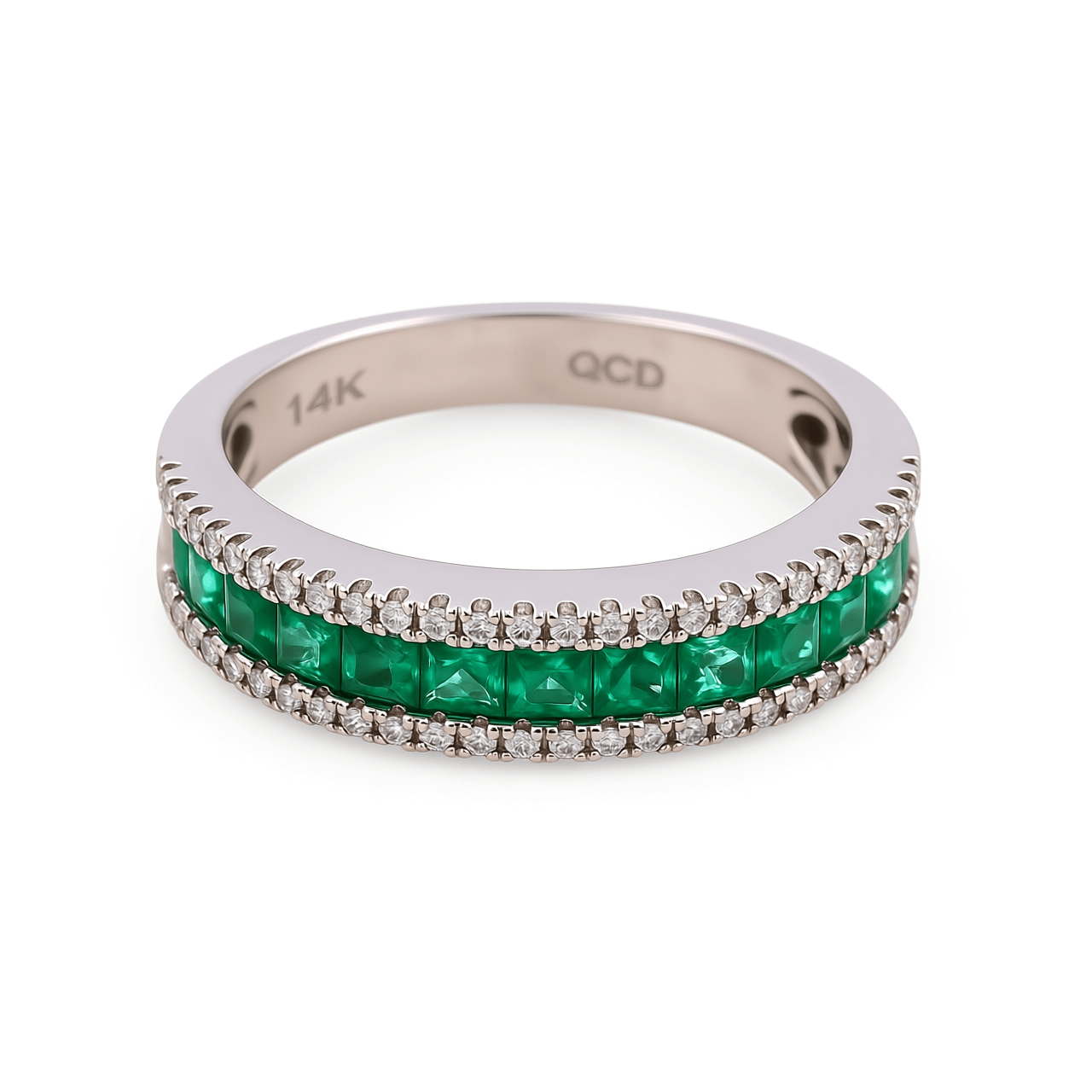14K White Gold Emerald & Diamond Channel Band