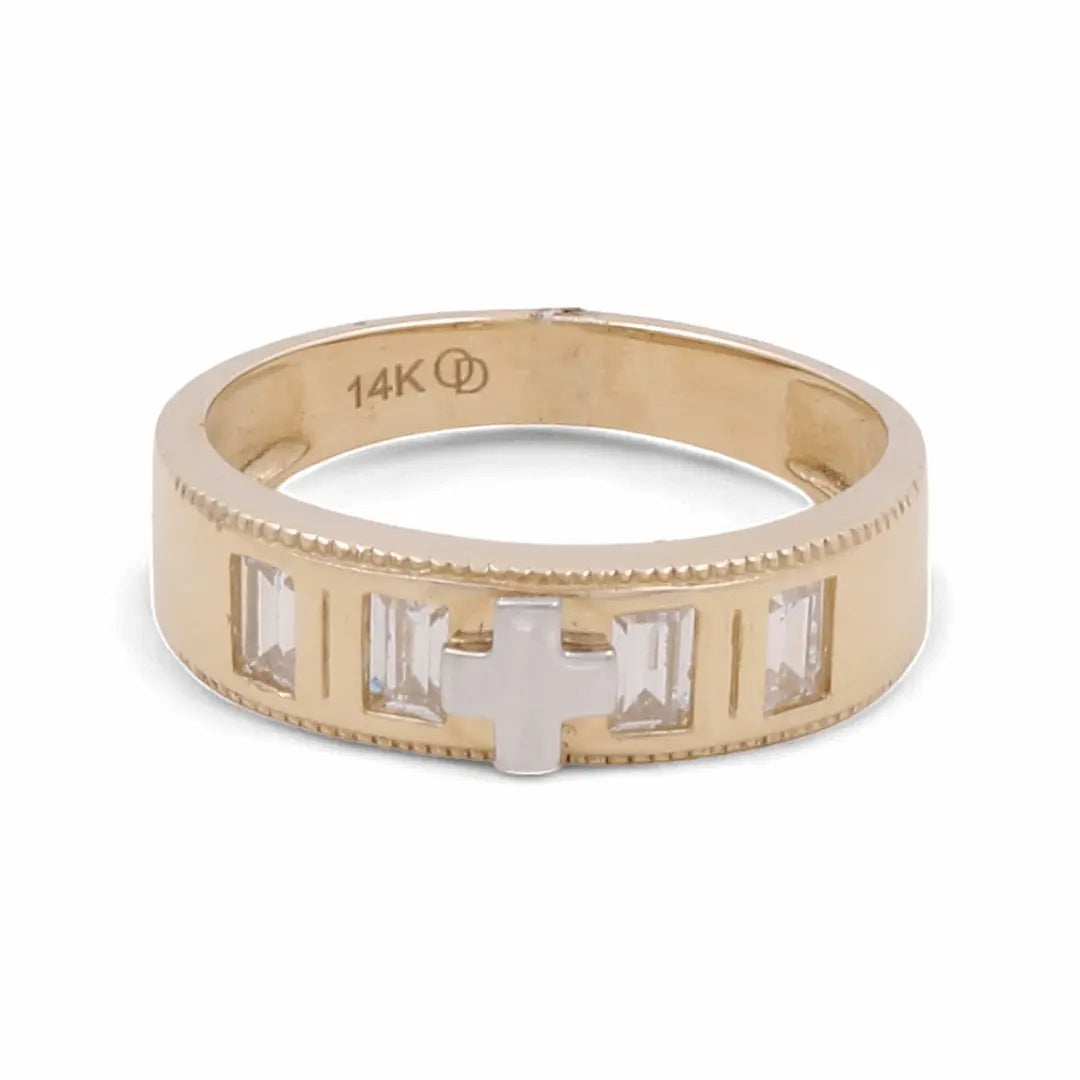 14K Two-Tone Gold Men's Cross Wedding Band with CZ