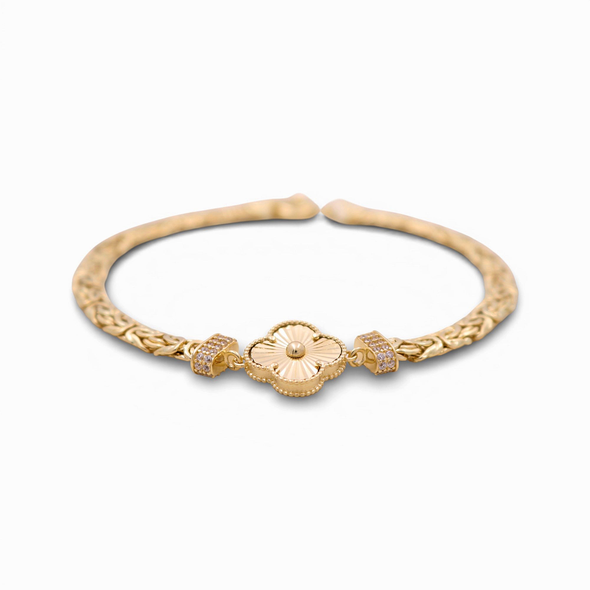 14K Yellow Gold Byzantine Bracelet with Fluted Flower 7.5in, 6.4 g