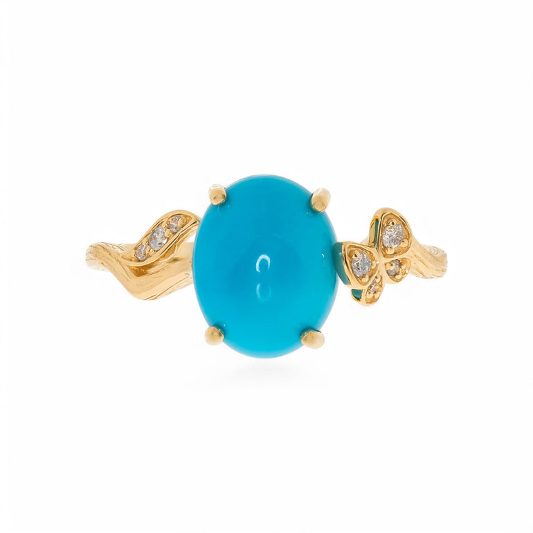 14K Yellow Classic Fashion Ring with 2.32Tw Turquoise and 0.05Tw Round Diamonds - Miral Jewelry