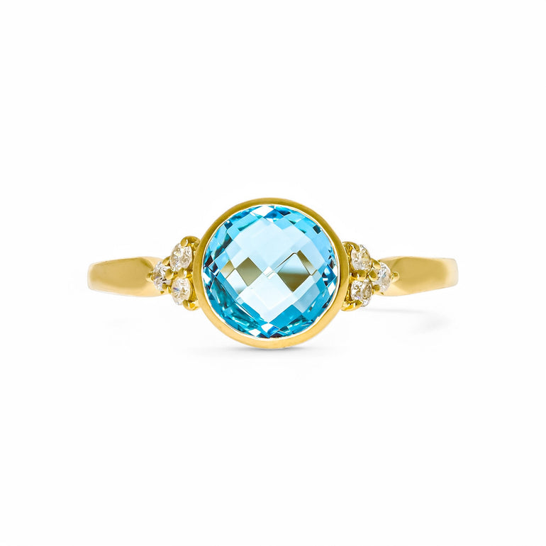 14K Yellow Fashion Ring with 1.58Tw Round Blue Topazs and 0.10Tw Round Diamonds - Miral Jewelry