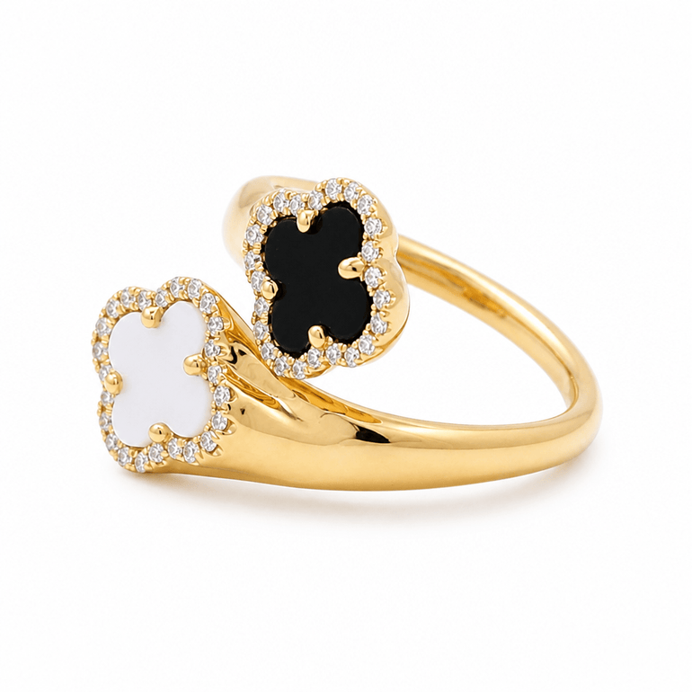14K Yellow Gold 2 Flower Diamond Fashion Ring with 0.24Tw Round Diamonds - Miral Jewelry