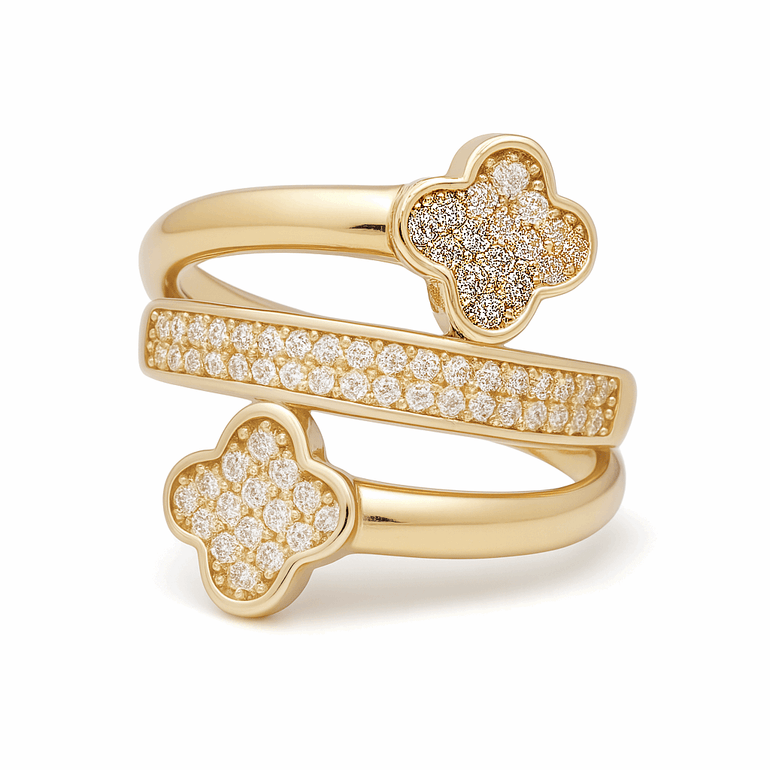 14K Yellow Gold 2 Flowers with Cz Fashion Women's Ring - Miral Jewelry