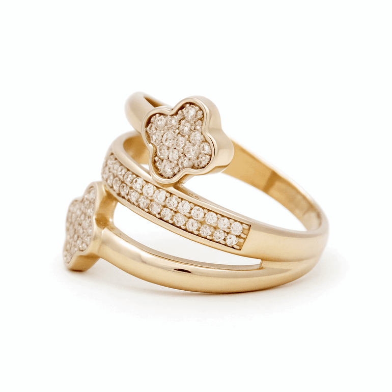 14K Yellow Gold 2 Flowers with Cz Fashion Women's Ring - Miral Jewelry