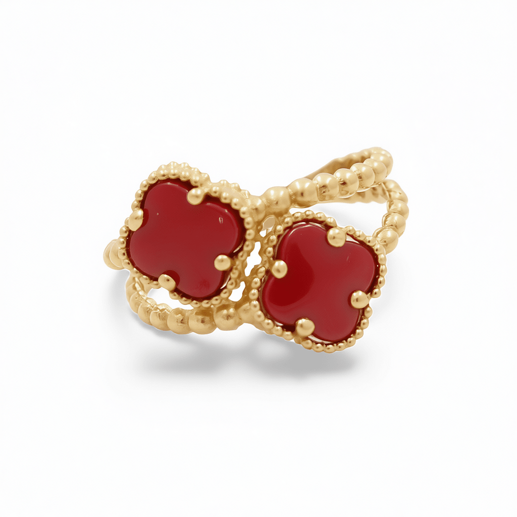14K Yellow Gold 2 Red Clovers Fashion Women's Ring - Miral Jewelry
