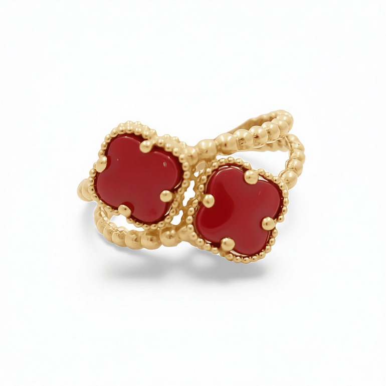 14K Yellow Gold 2 Red Clovers Fashion Women's Ring - Miral Jewelry