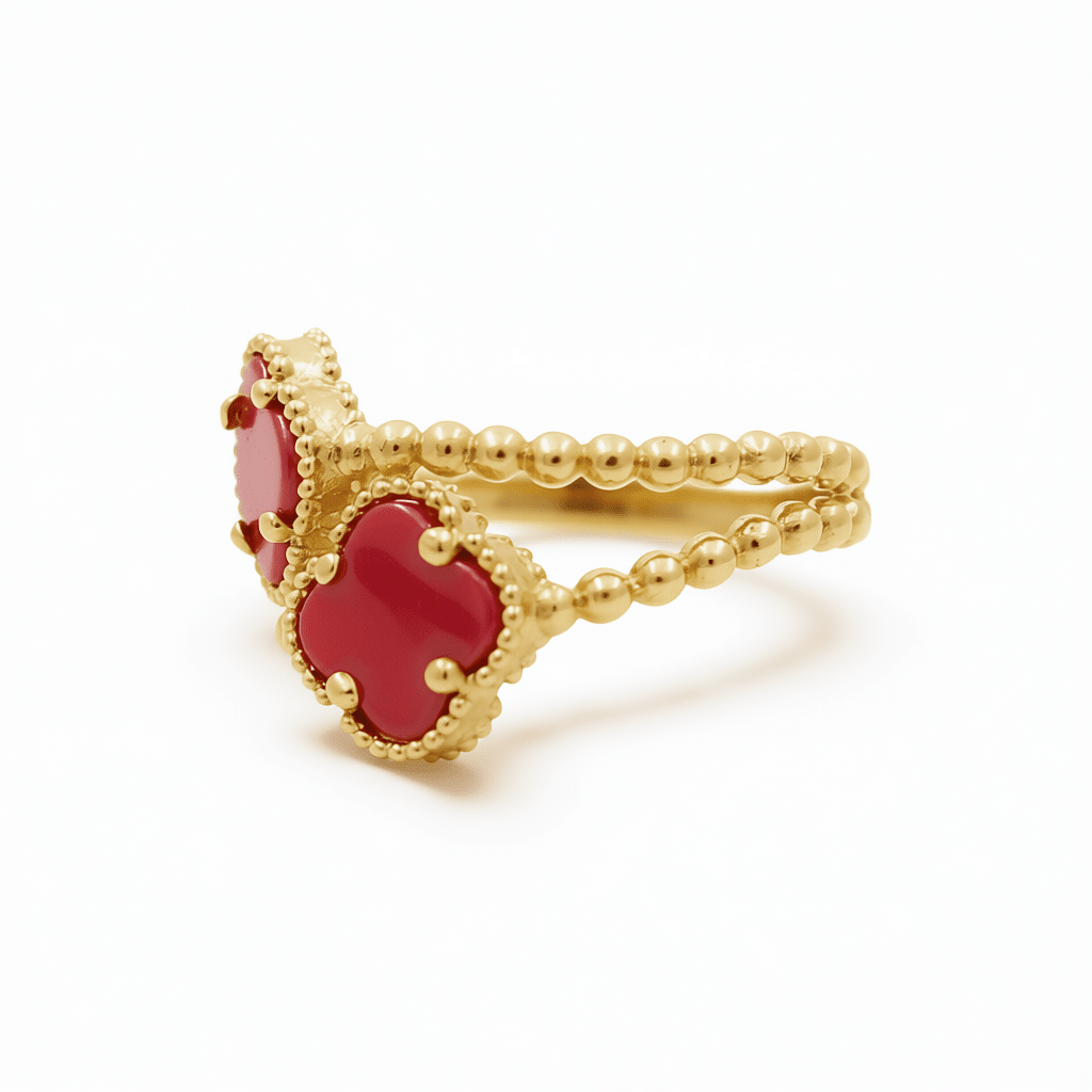 14K Yellow Gold 2 Red Clovers Fashion Women's Ring - Miral Jewelry