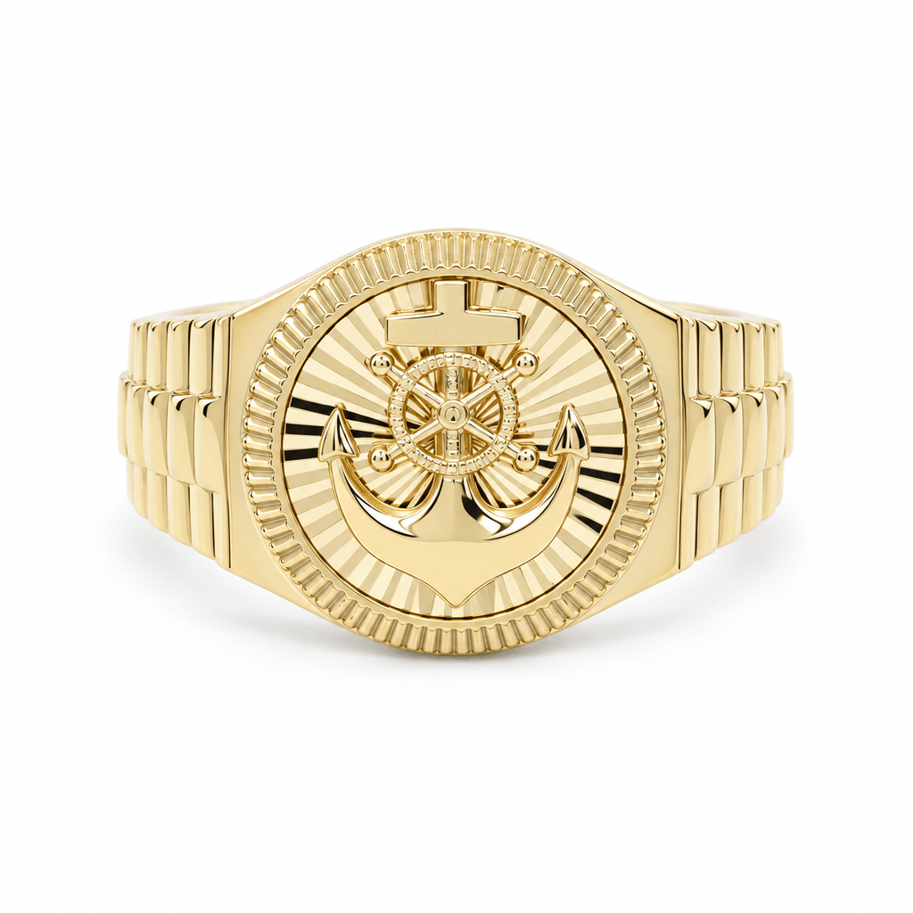 14K Yellow Gold Men's Round Anchor Ring Fluted Bezel