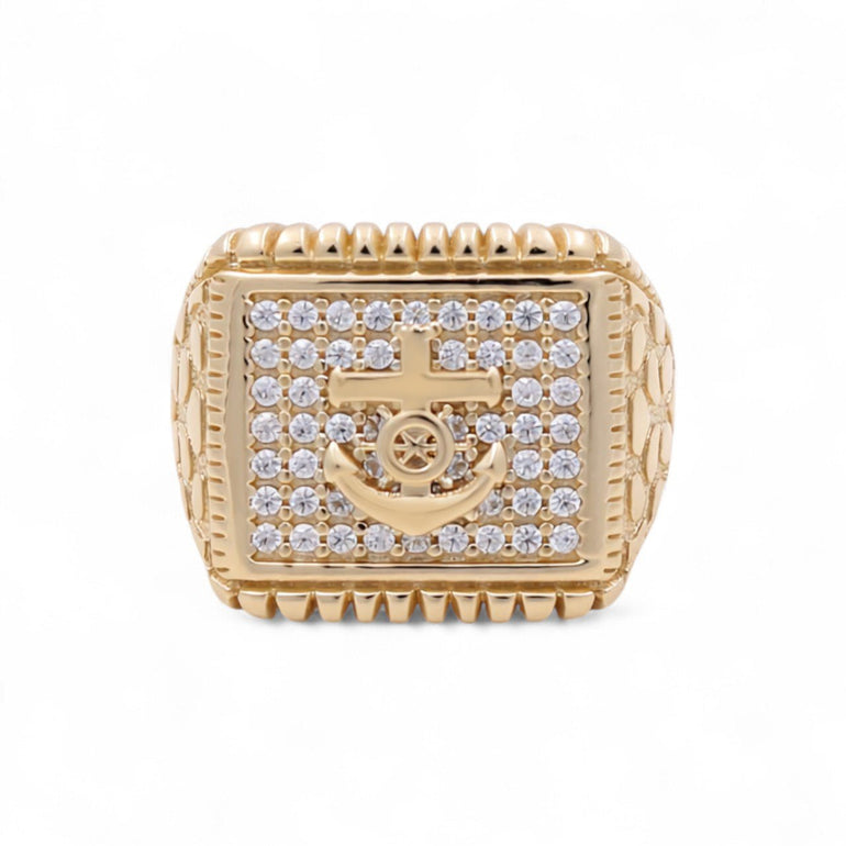 14k Yellow Gold Anchor with Cz Fashion Men's Ring - Miral Jewelry