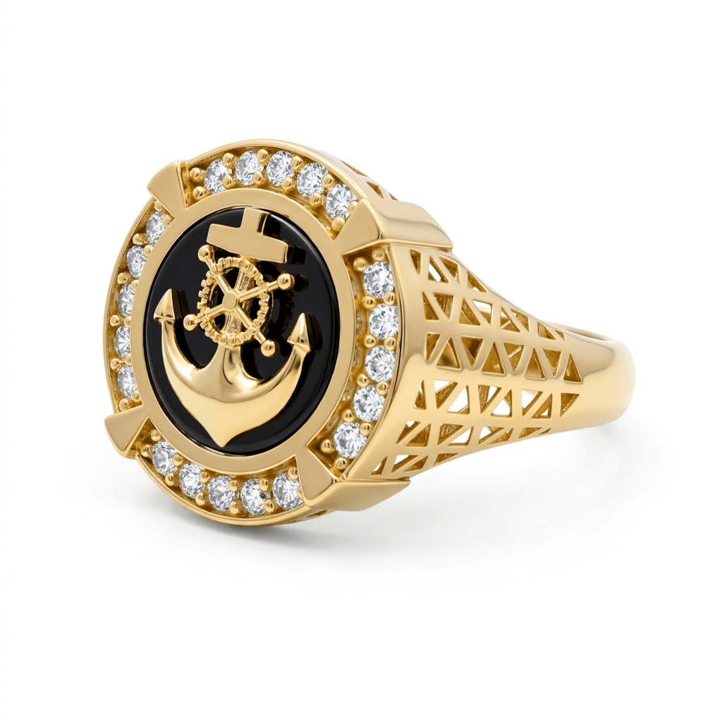 14k Yellow Gold Anchor With Onyx Fashion Men's Ring - Miral Jewelry