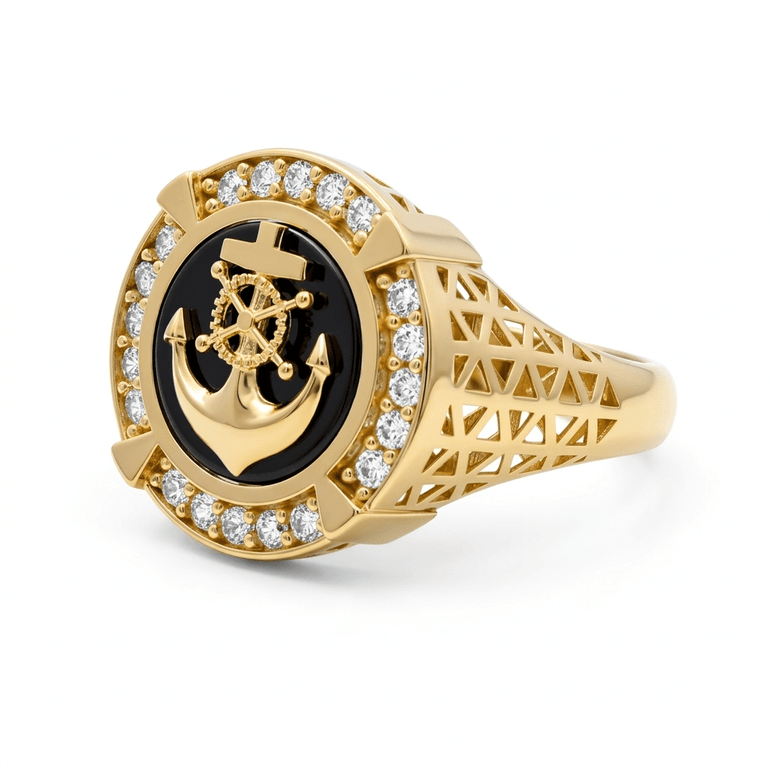 14k Yellow Gold Anchor With Onyx Fashion Men's Ring - Miral Jewelry