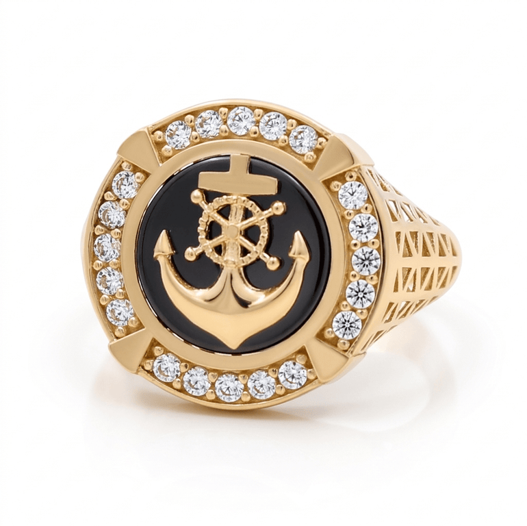 14k Yellow Gold Anchor With Onyx Fashion Men's Ring - Miral Jewelry