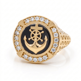 14k Yellow Gold Anchor with Onyx Fashion Men's Ring - Miral Jewelry