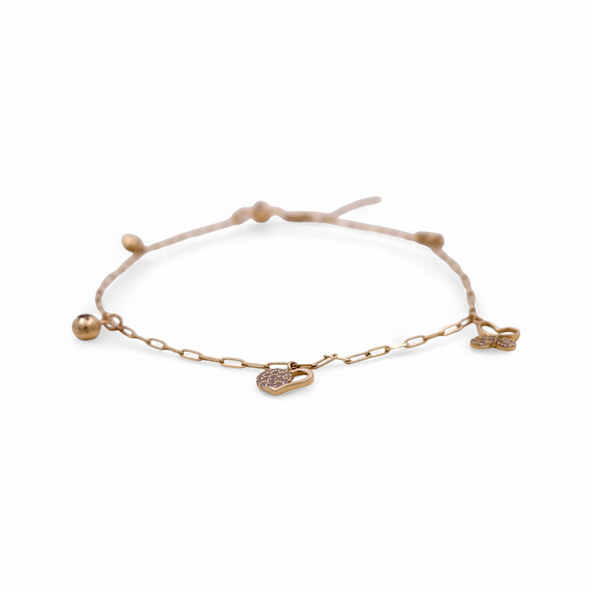 14K Yellow Gold Paper Clip Charm Anklet with CZ Hearts 10in, 4.9 g