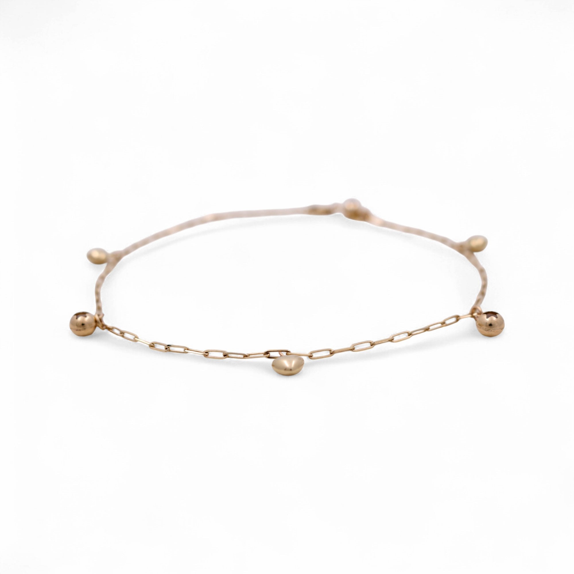 14K Yellow Gold Paper Clip Charm Anklet with Ball Charms 10in, 4.3 g