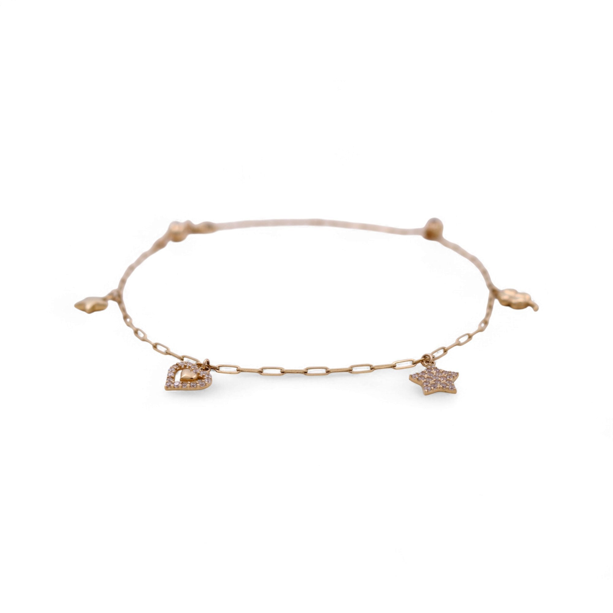 14K Yellow Gold Paper Clip Charm Anklet with Heart & Star 10in, 4.9 g
