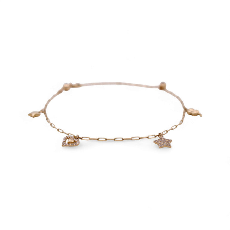 14K Yellow Gold Ankle Paper Clip with Charms Bracelet - Miral Jewelry