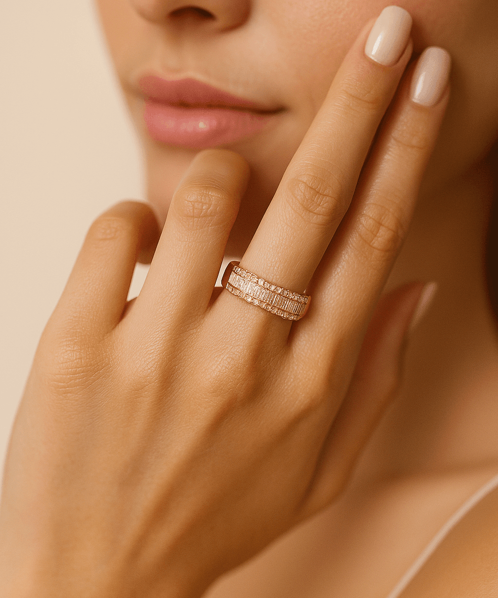 14K Yellow Gold Band Diamond Fashion Ring with 0.59Tw Baguette Diamonds and 0.44Tw Round Diamonds - Miral Jewelry