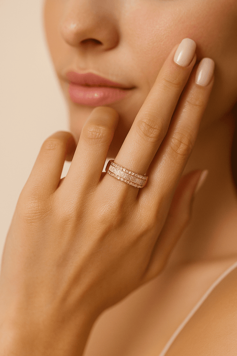 14K Yellow Gold Band Diamond Fashion Ring with 0.59Tw Baguette Diamonds and 0.44Tw Round Diamonds - Miral Jewelry