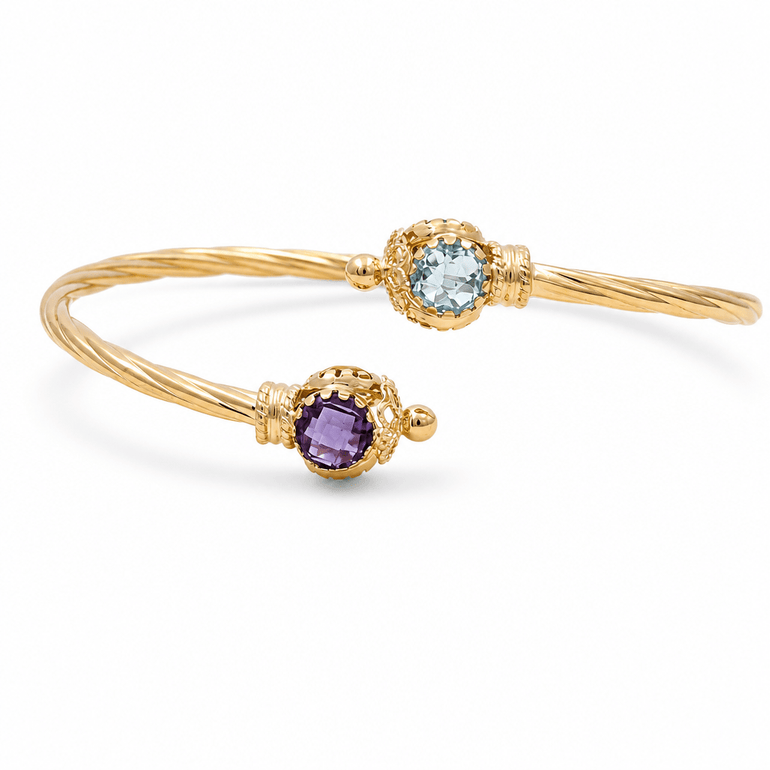 14K Yellow Gold Twisted Bypass Cuff with Blue & Purple Stones