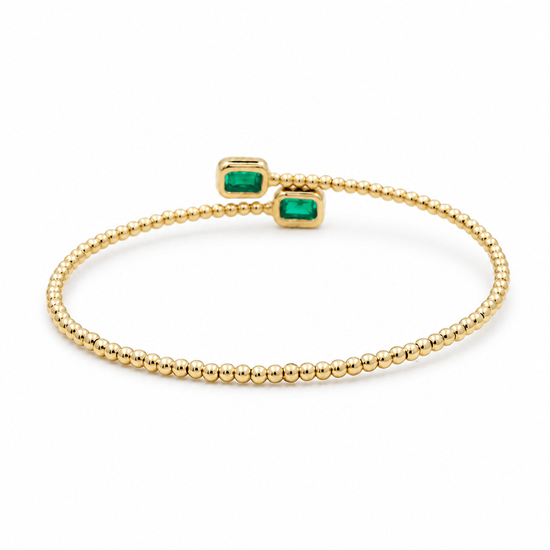 14K Yellow Gold Bangle Bracelet with 0.83Tw Emerald Emeralds and 0.19 Round Diamonds - Miral Jewelry