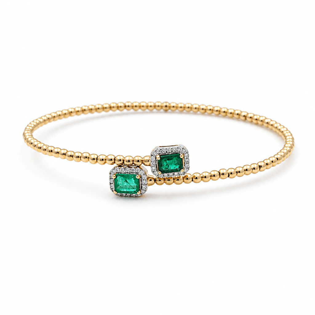 14K Yellow Gold Bangle Bracelet with 0.83Tw Emerald Emeralds and 0.19 Round Diamonds - Miral Jewelry