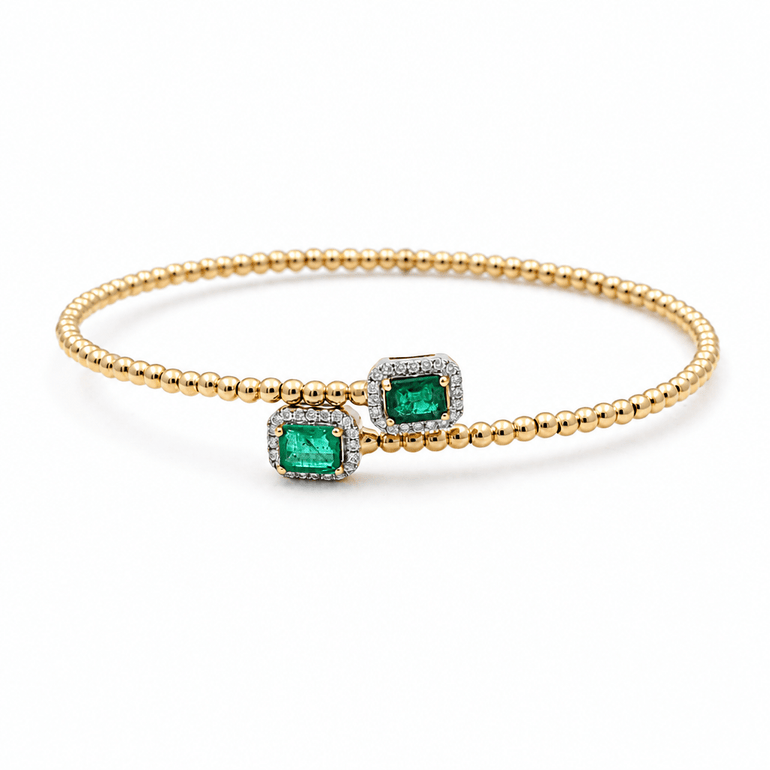 14K Yellow Gold Bangle Bracelet with 0.83Tw Emerald Emeralds and 0.19 Round Diamonds - Miral Jewelry