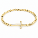 14K Yellow Gold Bead Bracelet with Sideways CZ Cross – 7" - Miral Jewelry