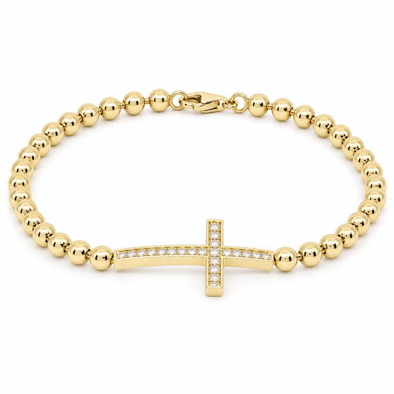 14K Yellow Gold Bead Bracelet with Sideways CZ Cross – 7" - Miral Jewelry