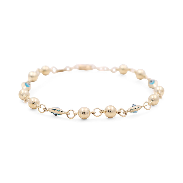 14K Yellow Gold Beads and Blue Eye Women's Bracelet - Miral Jewelry