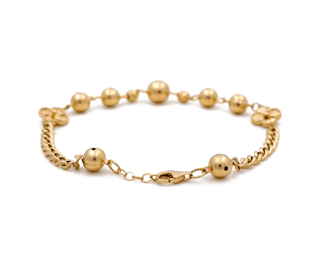 14K Yellow Gold Beads with Flower Bracelet Women's - Miral Jewelry
