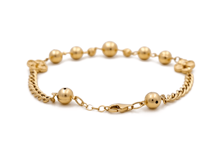 14K Yellow Gold Beads with Flower Bracelet Women's - Miral Jewelry