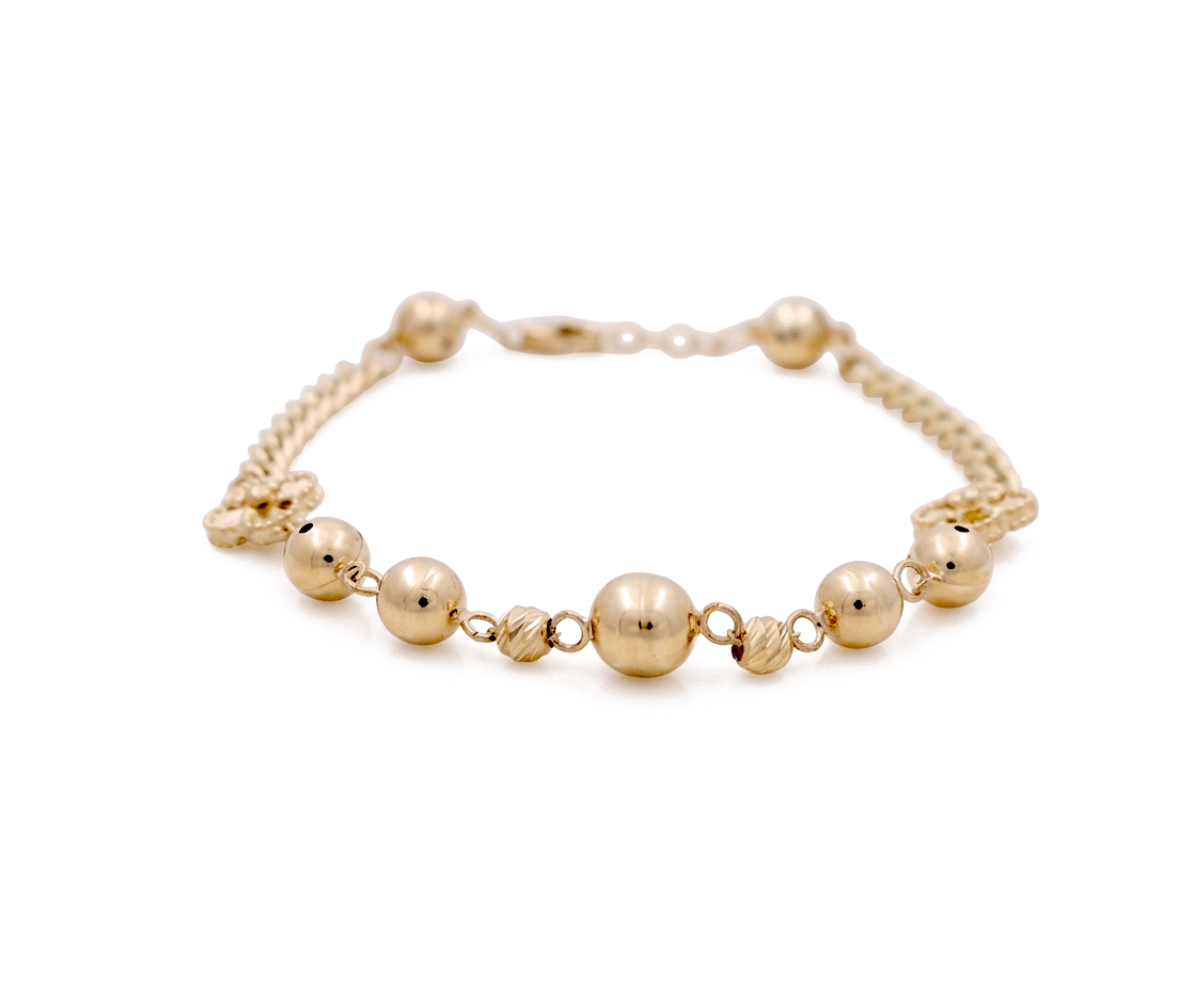 14K Yellow Gold Beads with Flower Bracelet Women's - Miral Jewelry