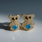 14K Yellow Gold Bear Light Blue Earrings - Miral Jewelry
