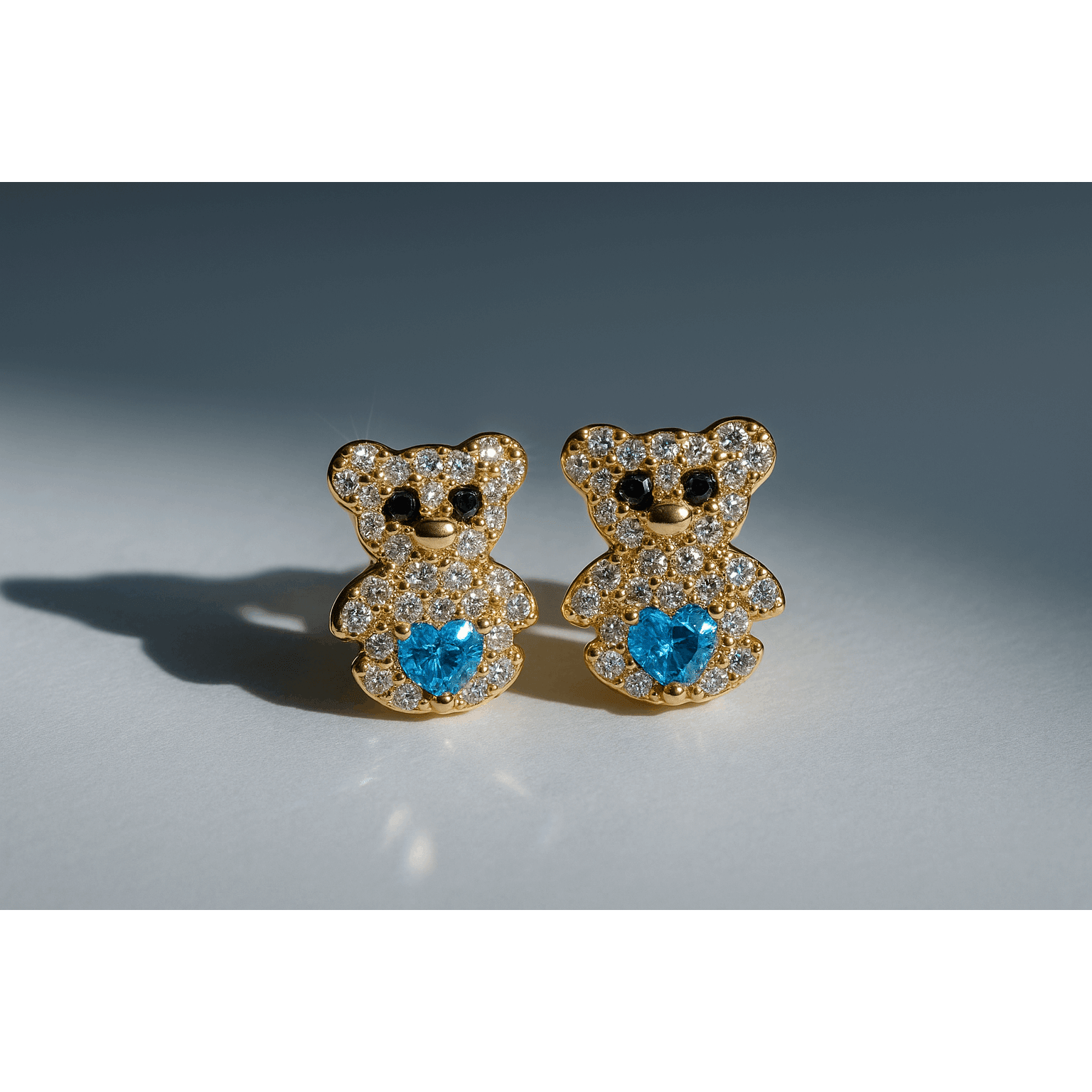 14K Yellow Gold Teddy Bear Stud Earrings with Light Blue Heart 1.6 g – view 2