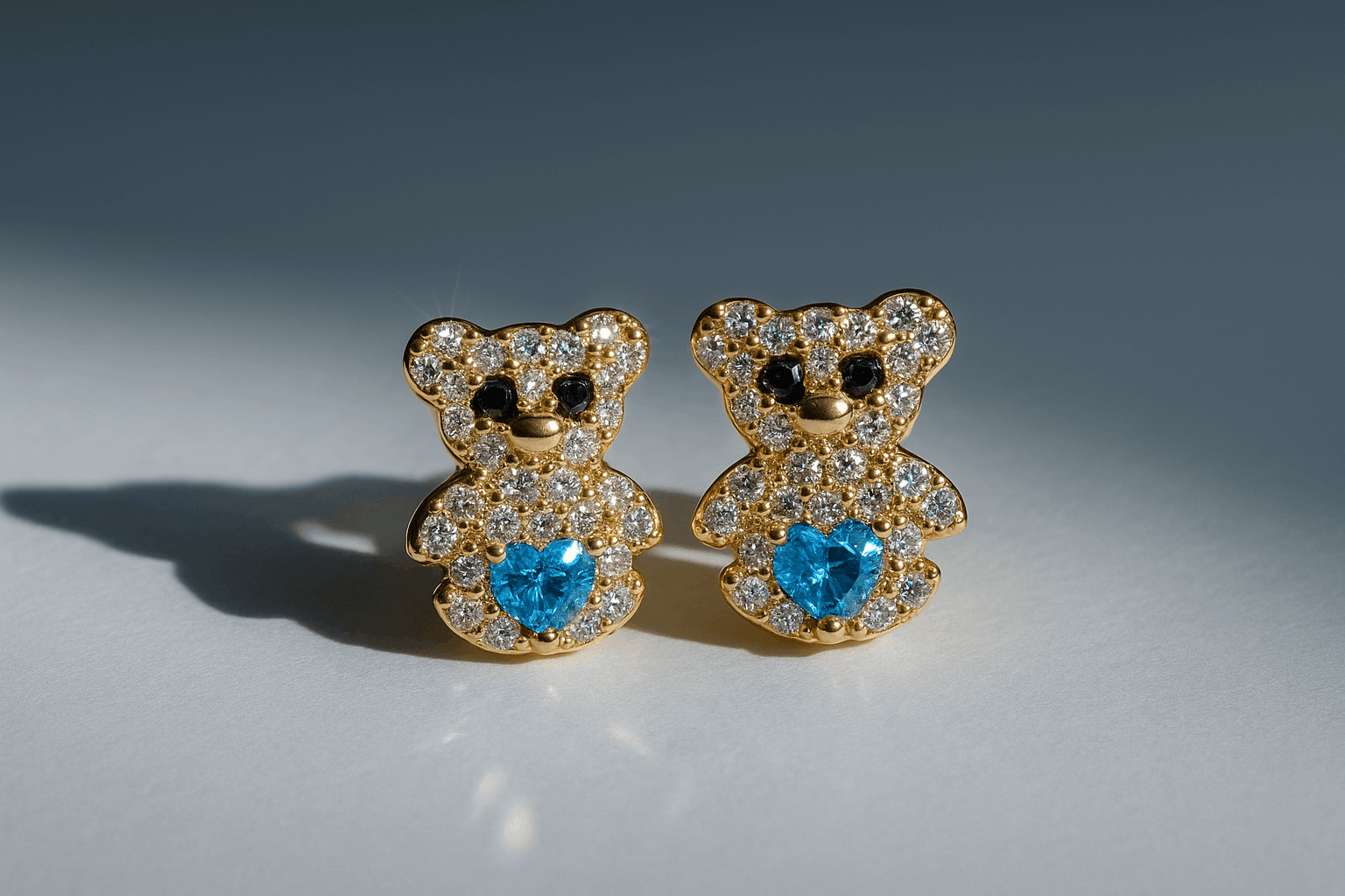 14K Yellow Gold Bear Light Blue Earrings - Miral Jewelry