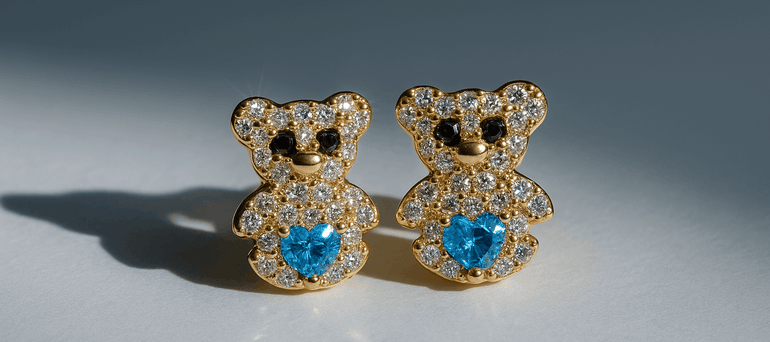 14K Yellow Gold Bear Light Blue Earrings - Miral Jewelry