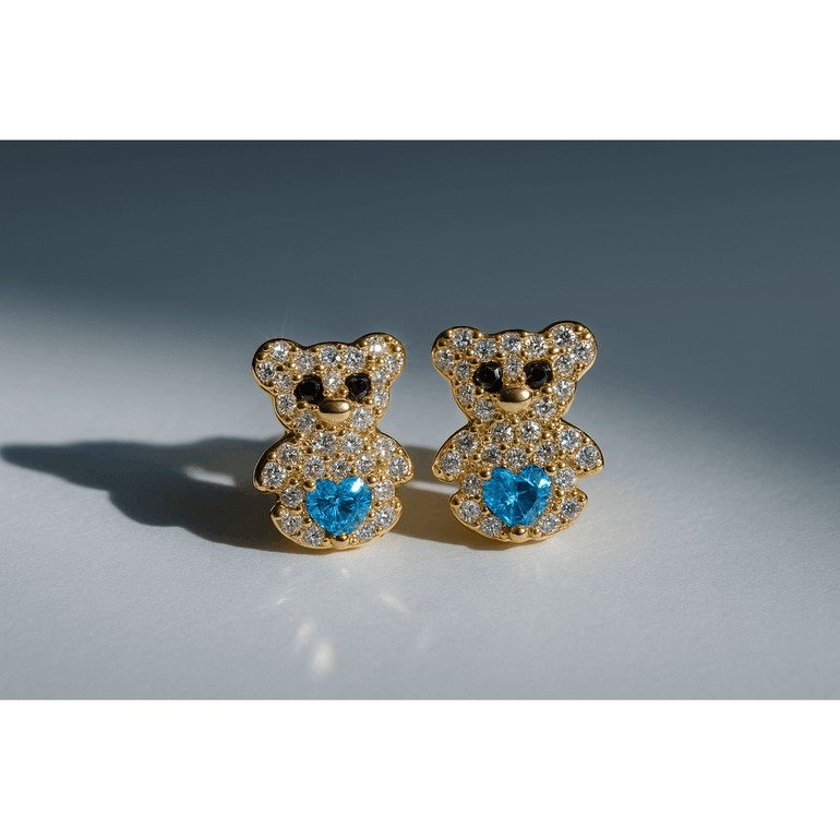 14K Yellow Gold Teddy Bear Stud Earrings with Light Blue Heart 1.6 g – view 2