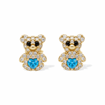 14K Yellow Gold Bear Light Blue Earrings - Miral Jewelry