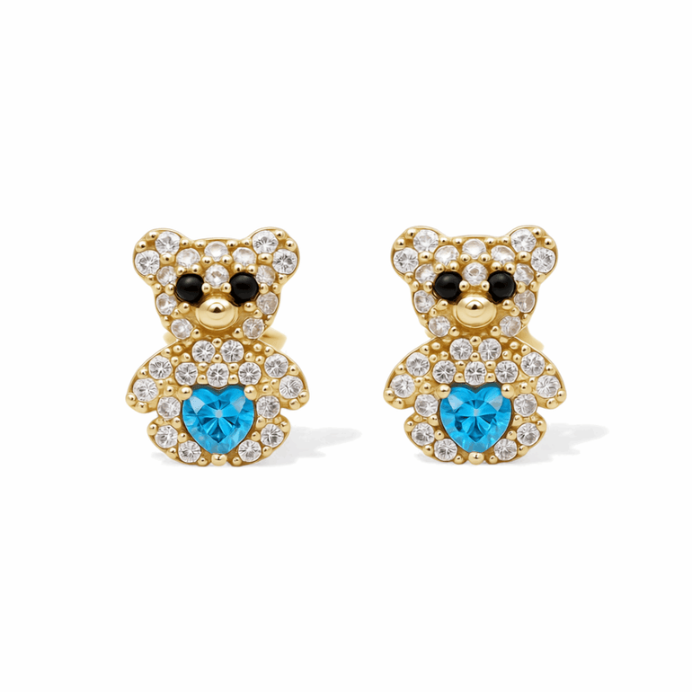 14K Yellow Gold Bear Light Blue Earrings - Miral Jewelry