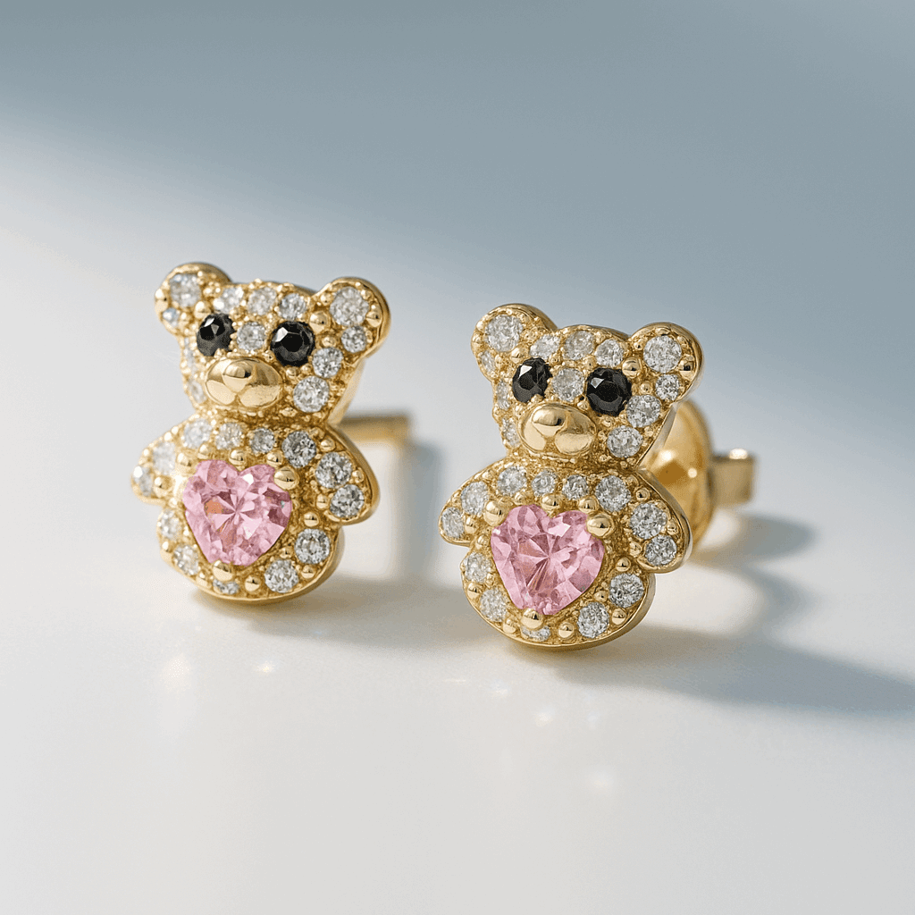 14K Yellow Gold Teddy Bear Stud Earrings with Pink Heart 1.6 g – view 2